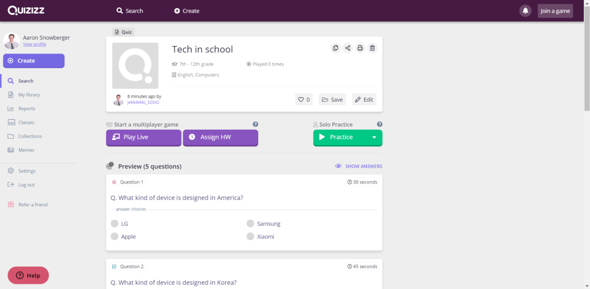 Using Quizizz in the Classroom - Aaron.kr