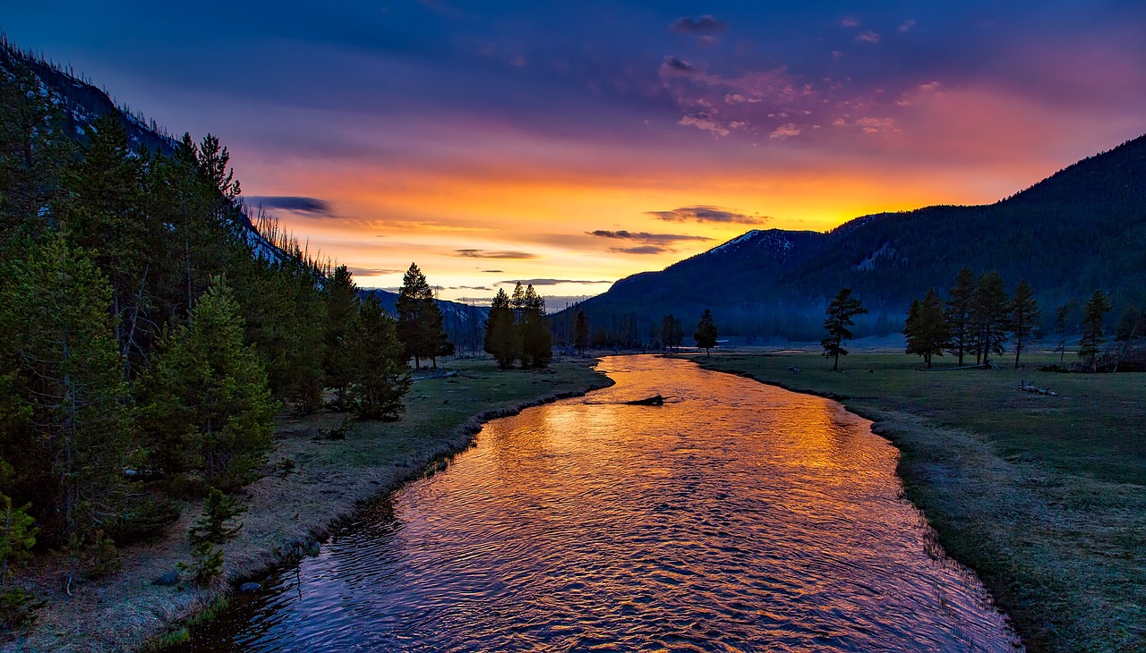 river, mountains, sunset, dusk, twilight, trees, conifers, water, mountain range, mountainous, landscape, nature, fields, yellowstone national park, evening, scenic, idyllic, meadow, outdoors, countryside, wilderness, reflections, madison river, sky, clouds, wyoming, river, river, river, river, river